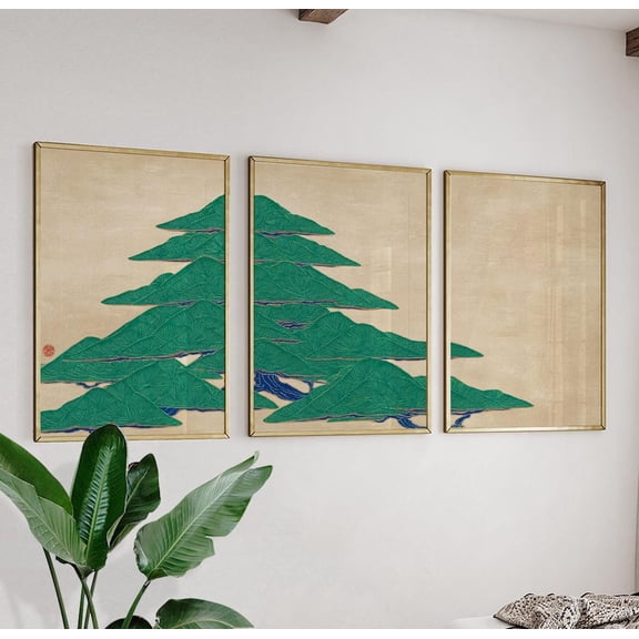 Green Pine Tree Triptych Japanese Style Beige Nature Art Set 3 Stretched Canvas 12x18