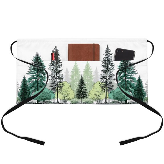 Green Pine Tree Waitress Apron with 3 Pockets, Farmhouse Nature Forest Landscape Server Aprons Waterproof Kitchen Restaurant Half Waist Apron for Men Women