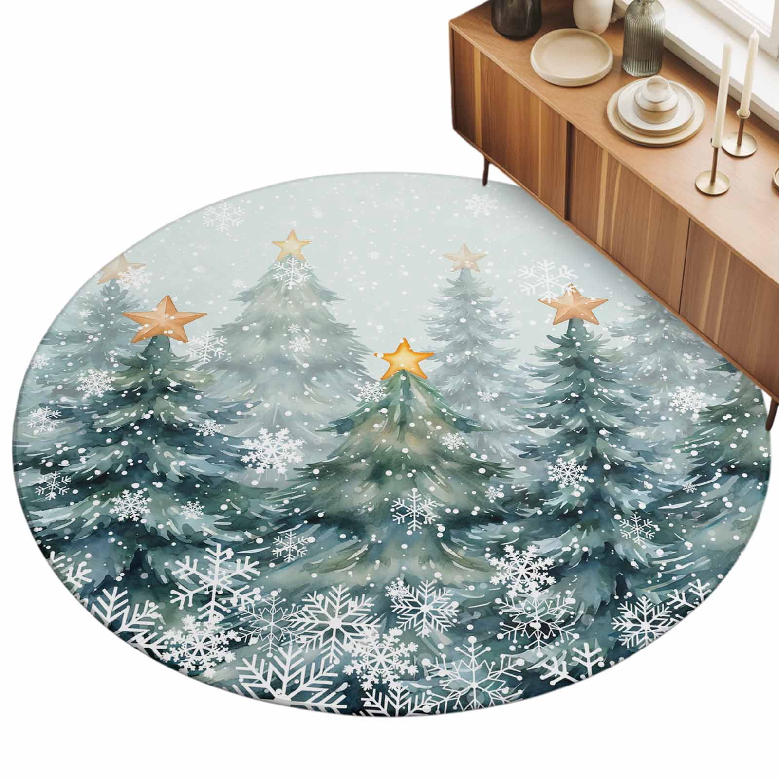 Green Pine Trees Area Rug 8', Winter Christmas Tree Snowflakes Star ...