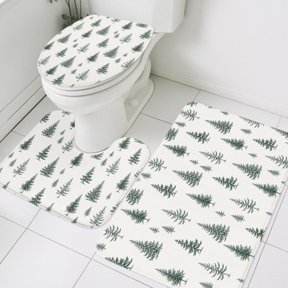 Green Pine Trees Bathroom Rugs Set Christmas Winter Minimalist Spruce Forest Rustic Non Slip Absorbent Soft Bath Mats 3 Piece Set with Bathroom Rug, U-Shaped Floor Mat, Toilet Seat Cover Small Size