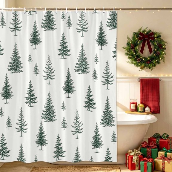 Green Pine Trees Bathroom Shower Curtains with Hooks, Christmas Winter Minimalist Spruce Forest Rustic Waterproof Fabric Washable Shower Curtain for Home Hotel Bathtub Decor 48x72 Inch
