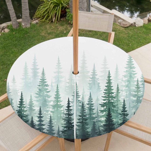 Green Pine Trees Outdoor Tablecloth with Umbrella Hole, Fall Sage Green Forest Rustic Woodland Rustic Round Fitted Tablecloth Waterproof Table Cover with Zipper for Patio Garden Fits 55"-60" Table