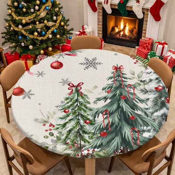 Green Pine Trees Round Fitted Tablecloth Rustic Christmas Tree Snowflake Ribbon Beige Elastic Table Cloth Waterproof Oil Proof Table Cover Fits 45"-54" Tables Round Tables for Party Picnic Decor