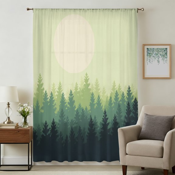 Green Pine Trees Sheer Curtains 45 Inches Long for Bedroom, Nature Moon Forest Landscape Light Filtering Privacy Drapes, Breathable Semi Sheer Short Window Treatment for Kitchen Cafe Bathroom