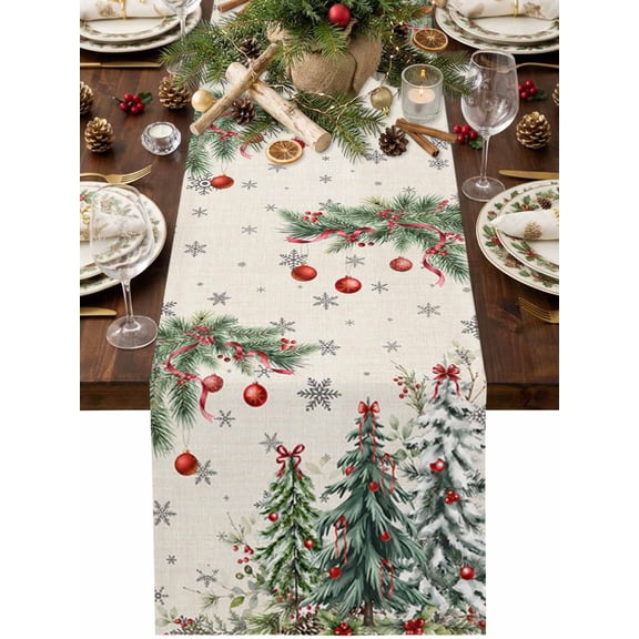 Green Pine Trees Table Runner 13 x 36 Inch, Rustic Christmas Tree Snowflake Ribbon Beige Washable Cotton Linen Dining Table Runner Tabletop Decorations for Restaurant Home Kitchen Party