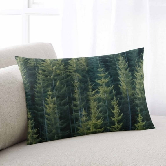 Green Pine Trees Throw Pillow Cover Case, Couch Sofa Bed Pillowcase, Soft Decorative Lumbar Pillow Protector, Nature Summer Woodland Forest 12x20Inch Reversible Pillow Shams with Zipper