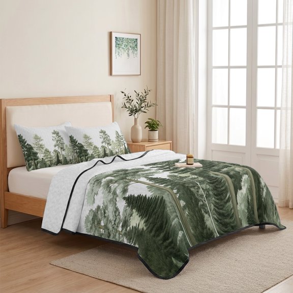 Green Pine Trees Vintage Sketch Art 3 Pieces Quilt Set,1 Quilt with 2 Shams,Country Trees on White Bedspread Soft Lightweight Bedding Coverlet Comforter Set for All Season 68"x98"