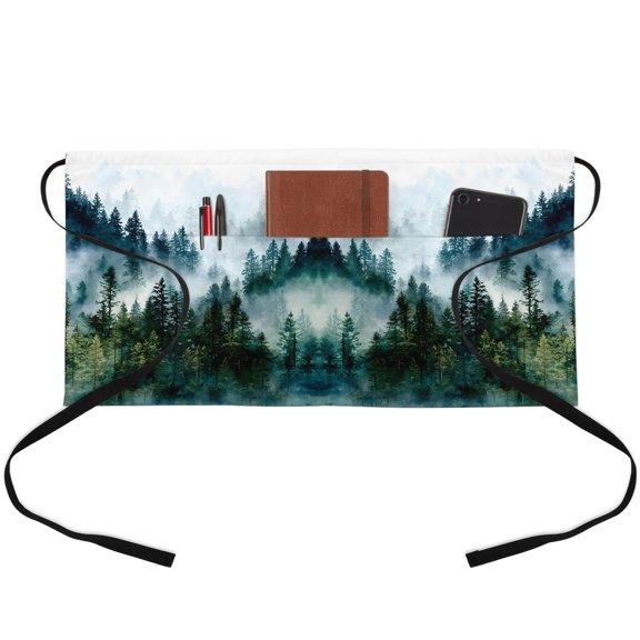 Green Pine Trees Waitress Apron with 3 Pockets, Modern Country Nature Forest Landscape Server Aprons Waterproof Kitchen Restaurant Half Waist Apron for Men Women