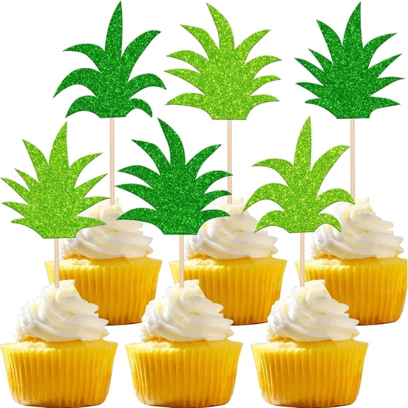 Green Pineapple Leaves Cupcake Toppers, 12 PCS Glitter Tropical Picks for Hawaiian Luau Party Decorations