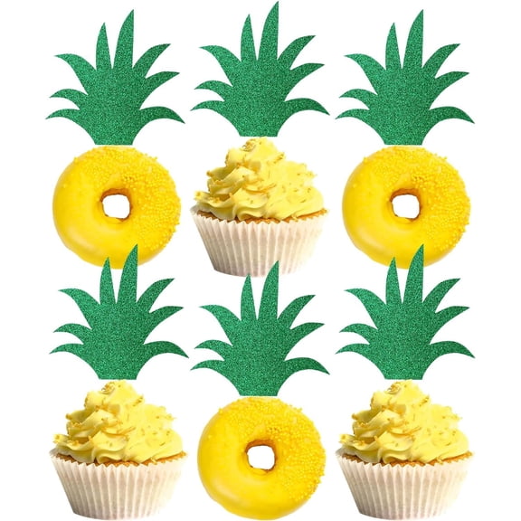 Green Pineapple Leaves Cupcake Toppers, Glitter Tropical Picks for Hawaiian Luau Party Decorations 12 PCS