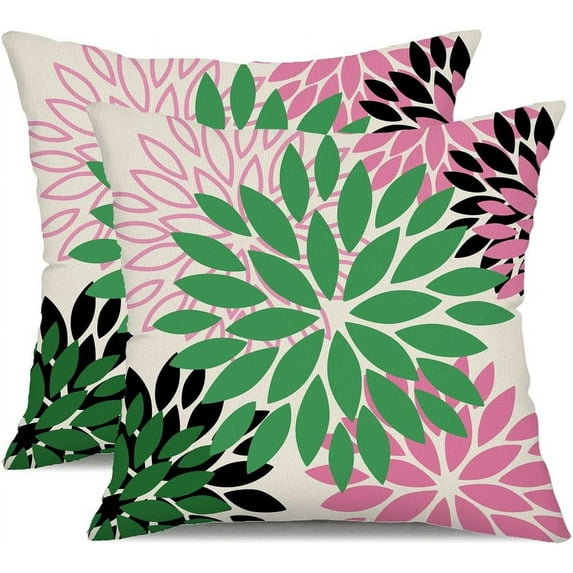 Green Pink Black Flower Pillow Covers 20x20 Inch Set of 2 Outdoor Throw Pillows Outdoor Waterproof Decor for Living Room Sofa Patio Funiture Garden Floral Polyester Pillow Covers 012B
