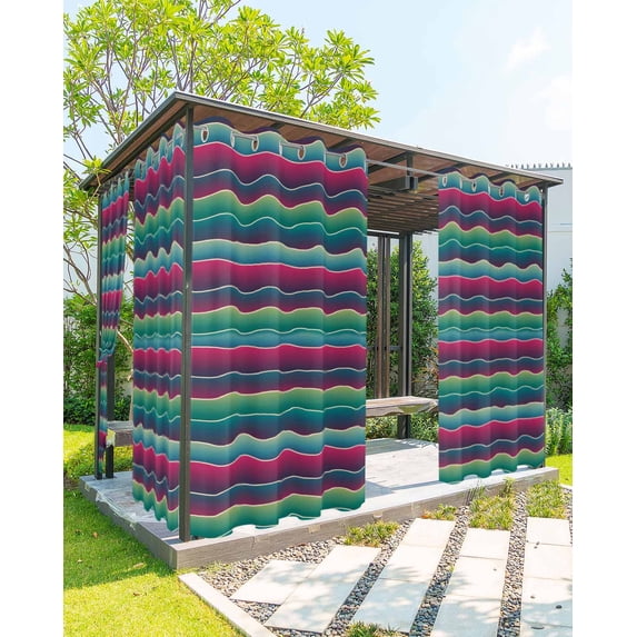 Green Pink Blue Ombre Outdoor Curtains for Patio, Vintage Moire Striped Privacy Drapes Grommet Waterproof Outside Curtains for Porch/Cabana/Balcony 54"x 95", 1 Panel
