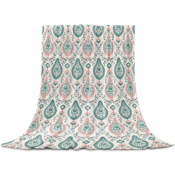 Green Pink Boho Flannel Blanket for Bed, Ethnic Abstract Geometric Floral Pattern Soft Cozy Warm Couch Throw Blanket, Lightweight Fluffy Plush Bedding Blankets for Sofa Decor All Season 50"x60"