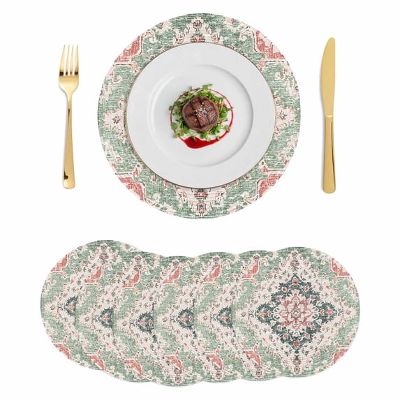 Green Pink Boho Floral Round 13 Inch Placemats Set of 6, Southwestern Ethnic Flowers Retro HeatResistant Non Slip Place Mats for Dining Table, Wipeable Braided Kitchen Table Mats for Housewarming
