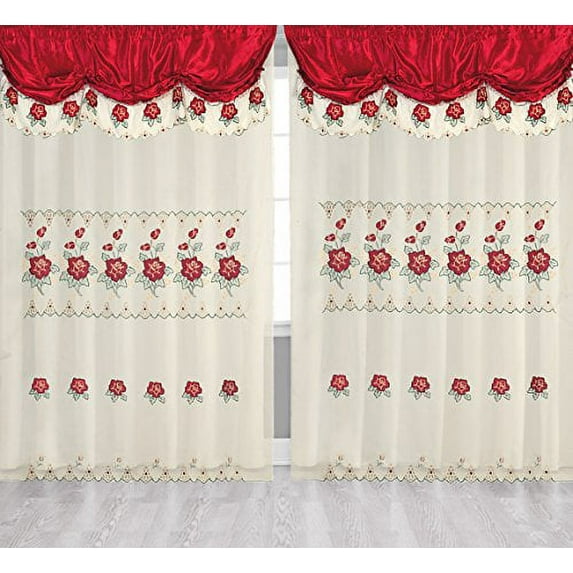 Green Pink Burgundy Room Decor Embroidery Sheer Valence Window Curtain Drapes 60x90+18"Embroidery Satin Sheer Blind Panel Shade Tier Window Curtain (2, Burgundy Sheer Curtain)