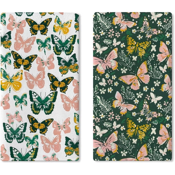 Green Pink Butterfly Kitchen Dish Towels Set of 2, Botanical Floral Leaves Drying Hand Towel Baking Cooking Cloth, Spring Summer Flower Plant Bathroom Home Decoration 18'' x 26''