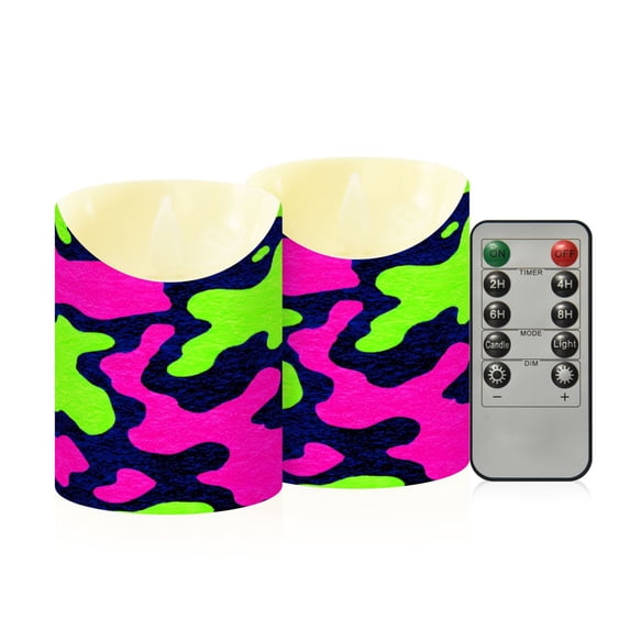 Green Pink Cow Pattern Flameless Candles 2 PCS with Remote Realistic Moving Flame LED Tapered Pillar Set for Home Decor
