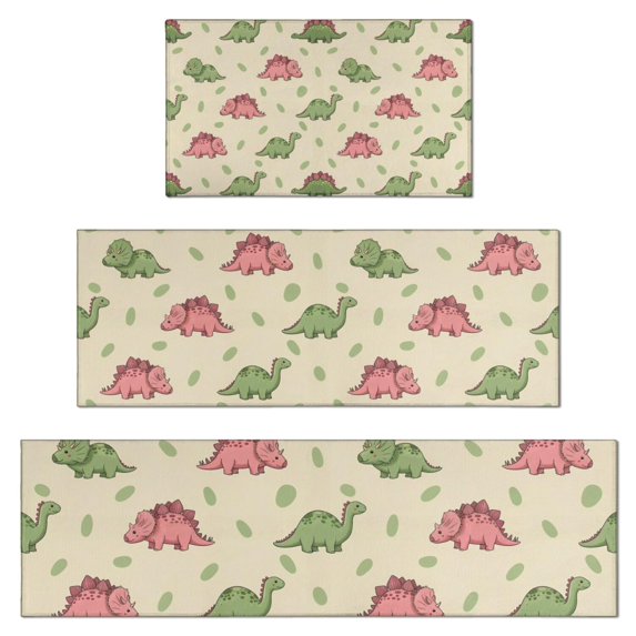 Green and Pink Dinosaur Pattern Kitchen Rugs Sets Of 3,Kitchen Runner Rugs Non Skid Washable,Decorative Kitchen Floor Mats for Kitchen,Sink,Laundry,17"x30"+ 17"x47" + 17"x59"