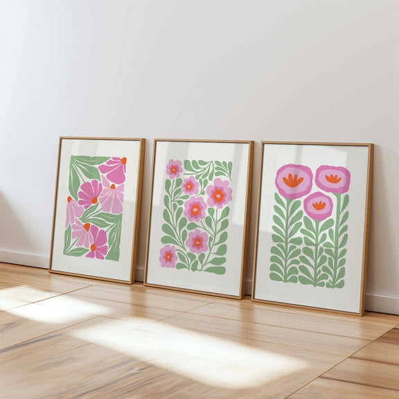 Green & Pink Dopamine Decor Abstract Floral Colorful Wall Art Set 3 Stretched Canvas 16x24