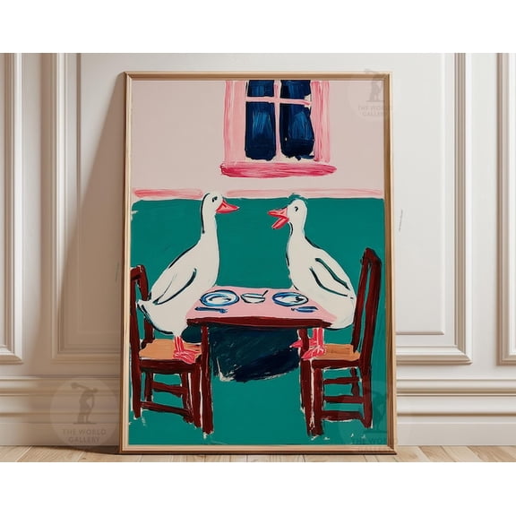 Green Pink Duck Ducks Dining Table Wall Art Print, Unframed Paper Poster 24x36in