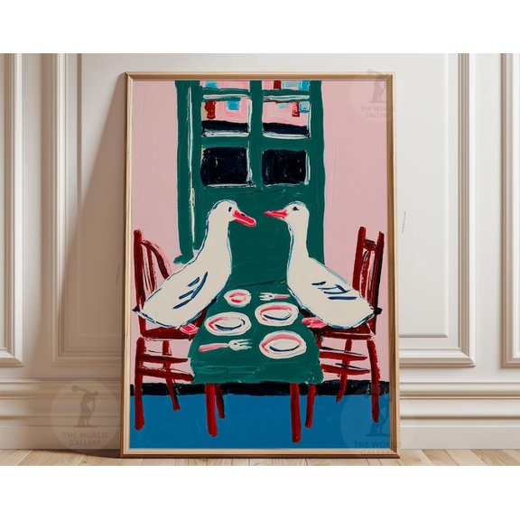 Green Pink Duck White Ducks Dining Table Wall Art, Unframed Paper Poster 8x10in