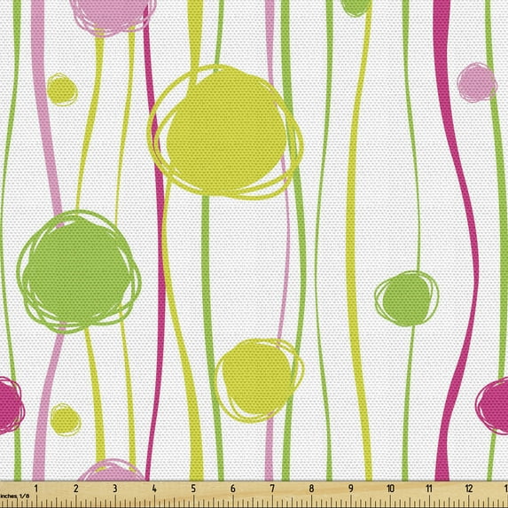 Ambesonne Green Pink Fabric by the Yard Upholstery, Doodle Stripes Dots, 1 Yard, Green Pink White