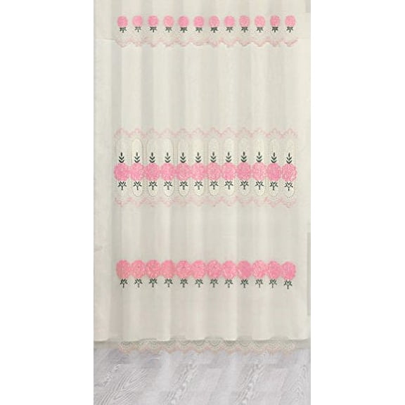 Green Pink Floral Embroidery Satin Sheer Layer Panel Shade Tier Window Curtain (1, Rose Pink)