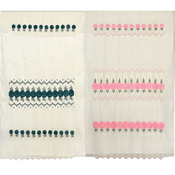 Green Pink Floral Embroidery Satin Sheer Layer Panel Shade Tier Window Curtain