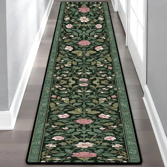 Green Pink Floral Vintage Hallway Runner Rug, 60x18 Inches William Morris Style Long Floor Mat, Non-Slip Washable Botanical Art Rug for Entryway Kitchen
