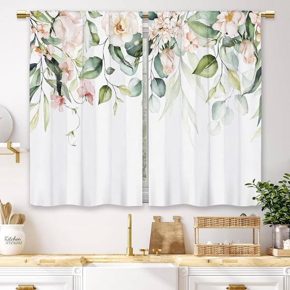Green Pink Flower Kitchen Curtains Botanical Floral Rose Small Short Cafe Window Curtains Eucalyptus Leaves Plant Spring Bathroom Window Drapes Treatment Tier Curtains 2 Panels (27.5x39 Inch)