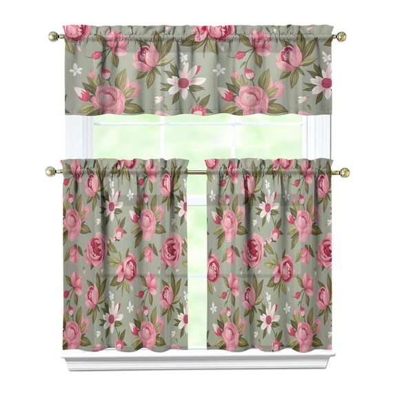 Green Pink Flowers2(1) Kitchen Curtain Valance 3 Piece Home Curtains and Valance Set Curtain Sink Window Decor Window Treatment Tier 27.5x36 Length