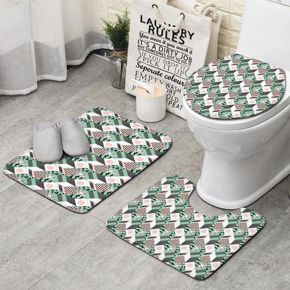 Green Pink Geometric Pattern Bathroom Rugs Sets 3 Piece,Toilet Cover Set,Absorbent Non Slip Bathroom Mats Sets with U-Shaped Contour Rug Toilet Rug Set