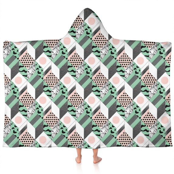 Green Pink Geometric Pattern Hooded Bath Towel,60"x35" for Ages 3 To 12 Kids, Quick Dry Lightweight Soft Microfiber Hood Beach Towel Cover Up for Kids