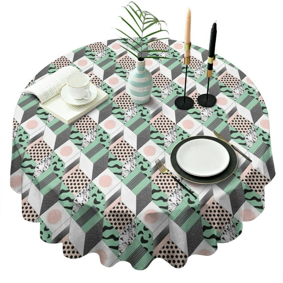 Green Pink Geometric Pattern Round Tablecloth 60"x60",Wrinkle Wipeable Table Cloth for Kitchen Dining Room Picnic Patio Party
