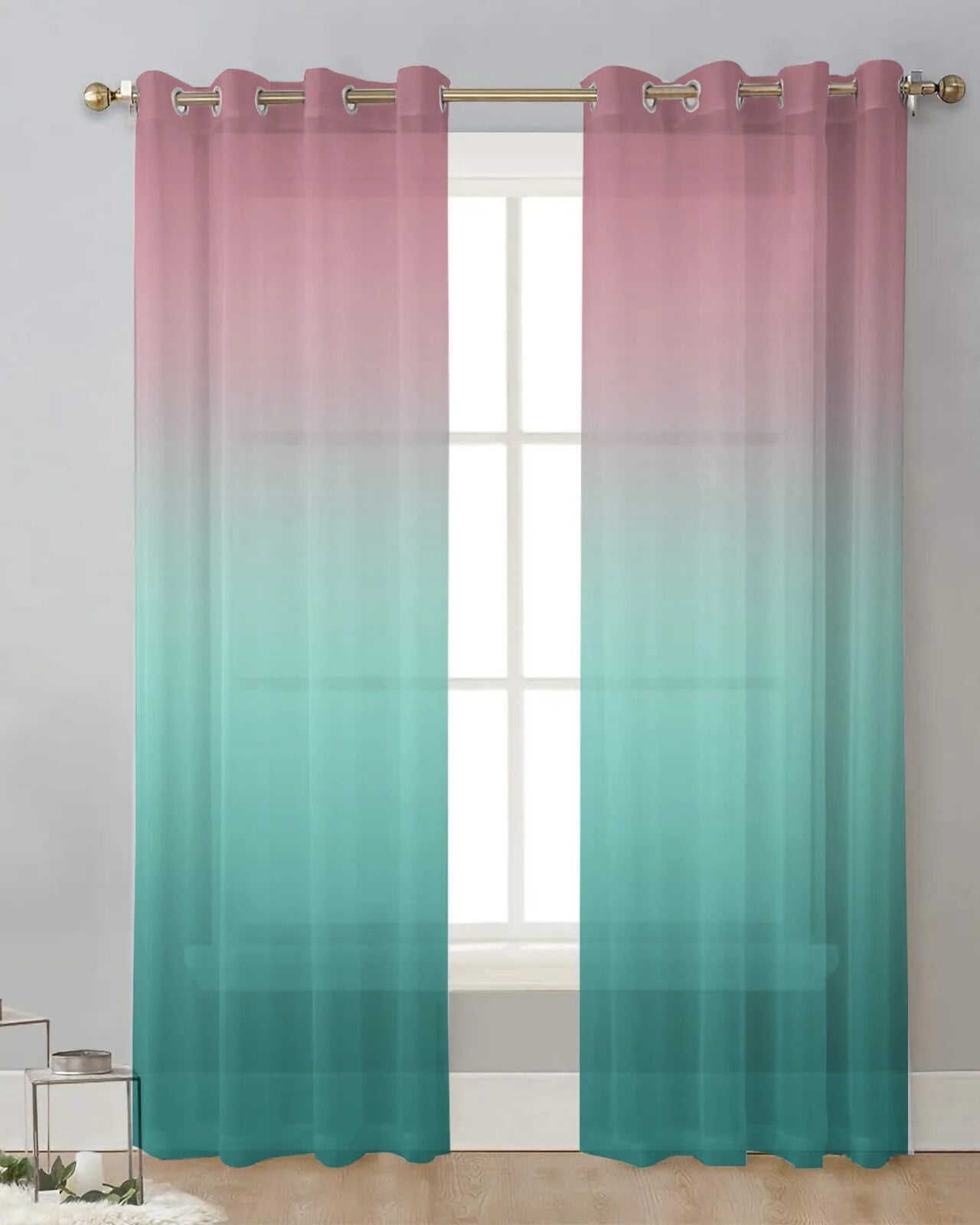 Green Pink Gradient Luxury Tulle Curtains for Living Room Sheer