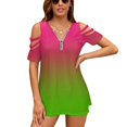 thumbnail image 1 of Green Pink Gradient Print Womens Summer V Neck Zipper Top Short Sleeve T Shirt Off Shoulder Top Casual Classy Loose Shirts, 1 of 7