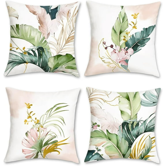 Green and Pink Leaves Throw Pillow Covers 18x18 Set of 4 Tropical Palm Leaf Decorative Pillows Case Soft Velvet Cushion Covers for Outdoor Couch Sofa Patio Decor