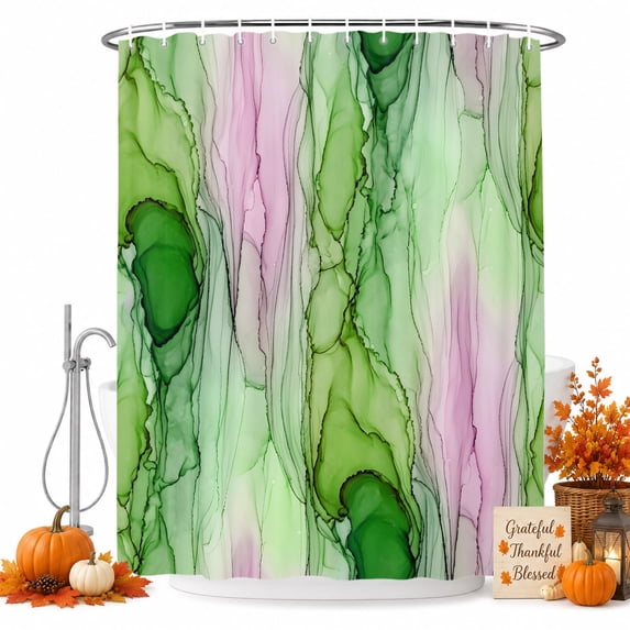 Green Pink Marble Shower Curtain, Waterproof Shower Curtains for Bathroom, Modern Abstract Luxury Ombre Fluid Art Washable Fabric Bathtub Curtain Set Bath Decor with 12 Hooks Standard 72"x72"
