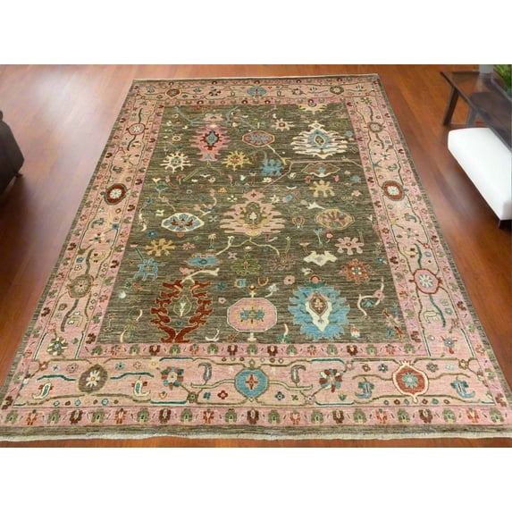 Green/Pink Oushak 9X12 Handmade Wool Rug # 12198