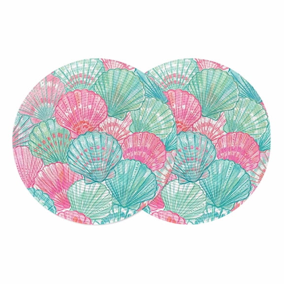 Green Pink Shell Round 13 Inch Placemats Set of 2, Coastal Summer Beach Ocean Conch HeatResistant Non Slip Place Mats for Dining Table, Wipeable Braided Kitchen Table Mats for Housewarming