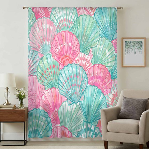 Green Pink Shell Sheer Curtains 54 Inches Long for Bedroom, Coastal Summer Beach Ocean Conch Light Filtering Privacy Drapes, Breathable Semi Sheer Window Treatment for Bathroom Dining Room Kitchen