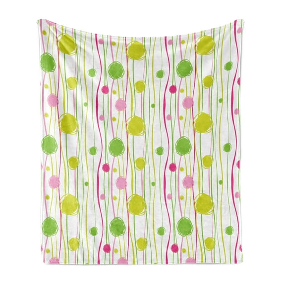 Green and Pink Soft Flannel Fleece Blanket, Doodle Style Random Wavy Stripes with Big Small Spots Kids Art Theme, Cozy Plush for Indoor and Outdoor Use, 70" x 90", Green Pink White, by Ambesonne