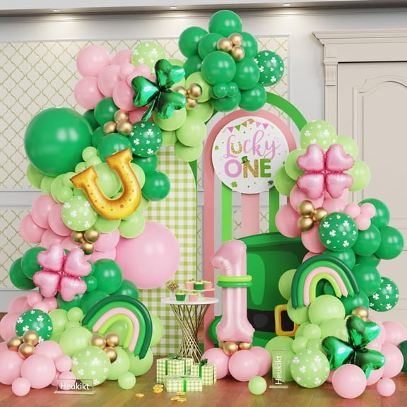 Green Pink St. Patrick's Day Balloon Garland Arch Kit, Green Print Shamrock Balloons with Letter U Pink Lucky Clover Foil Balloon for Lucky One Girls Birthday Irish Festival Party Decorations Y114