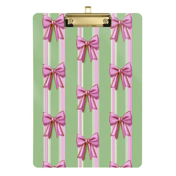 Green Pink Stripes Cute Bows Acrylic Clipboard Drawing Board with Hook Writing Pad File Storage A4 Size Gold 12.5" x 9"