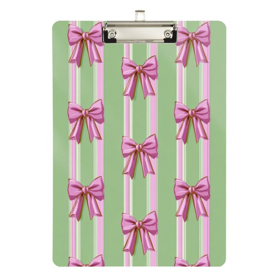 Green Pink Stripes Cute Bows Acrylic Clipboard Drawing Board with Hook Writing Pad File Storage A4 Size Silver 12.5" x 9"