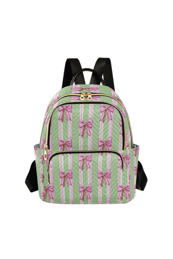 Green Pink Stripes Cute Bows Quilted Backpack Fashion Daypack Commuter Bag for Women 8.5 L