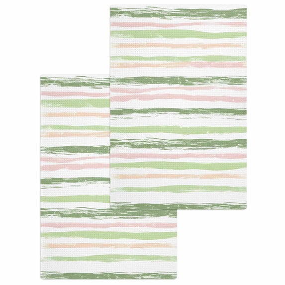 Green Pink Stripes Kitchen Dish Towels for Drying Dishes Set of 2, Gradient Geometric Smear Art Paint Waffle Weave Microfiber Hand Tea Bathroom Towels Quick Dry & Absorbent Towel 15.7x23.6