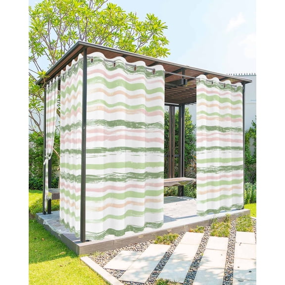 Green Pink Stripes Outdoor Curtains for Patio, Gradient Geometric Smear Art Paint Privacy Drapes Grommet Waterproof Outside Curtains for Porch/Cabana/Balcony 54"x 84", 1 Panel