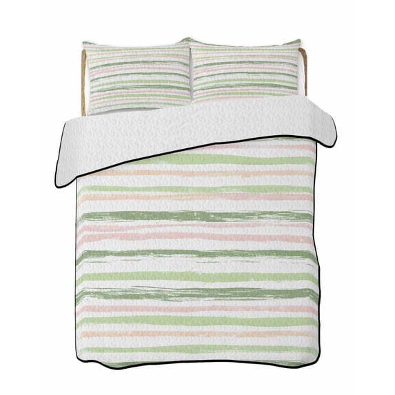 Green Pink Stripes Summer Quilt Set King Size,Soft Microfiber Quilted Bedding Set with 2 Pillow Shams,Gradient Geometric Smear Art Paint Lightweight All Season Bedspread Coverlet for Bedroom 96"x106"