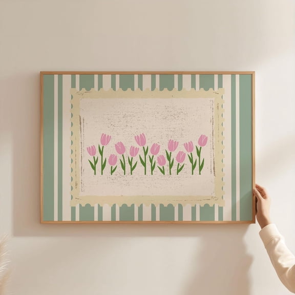 Green Pink Tulips Flower Poster | Vintage Stripped Pattern Saga Green Horizontal Landscape Art For Aesthetic Bedroom Wall Decor, Unframed Poster Size 8x12